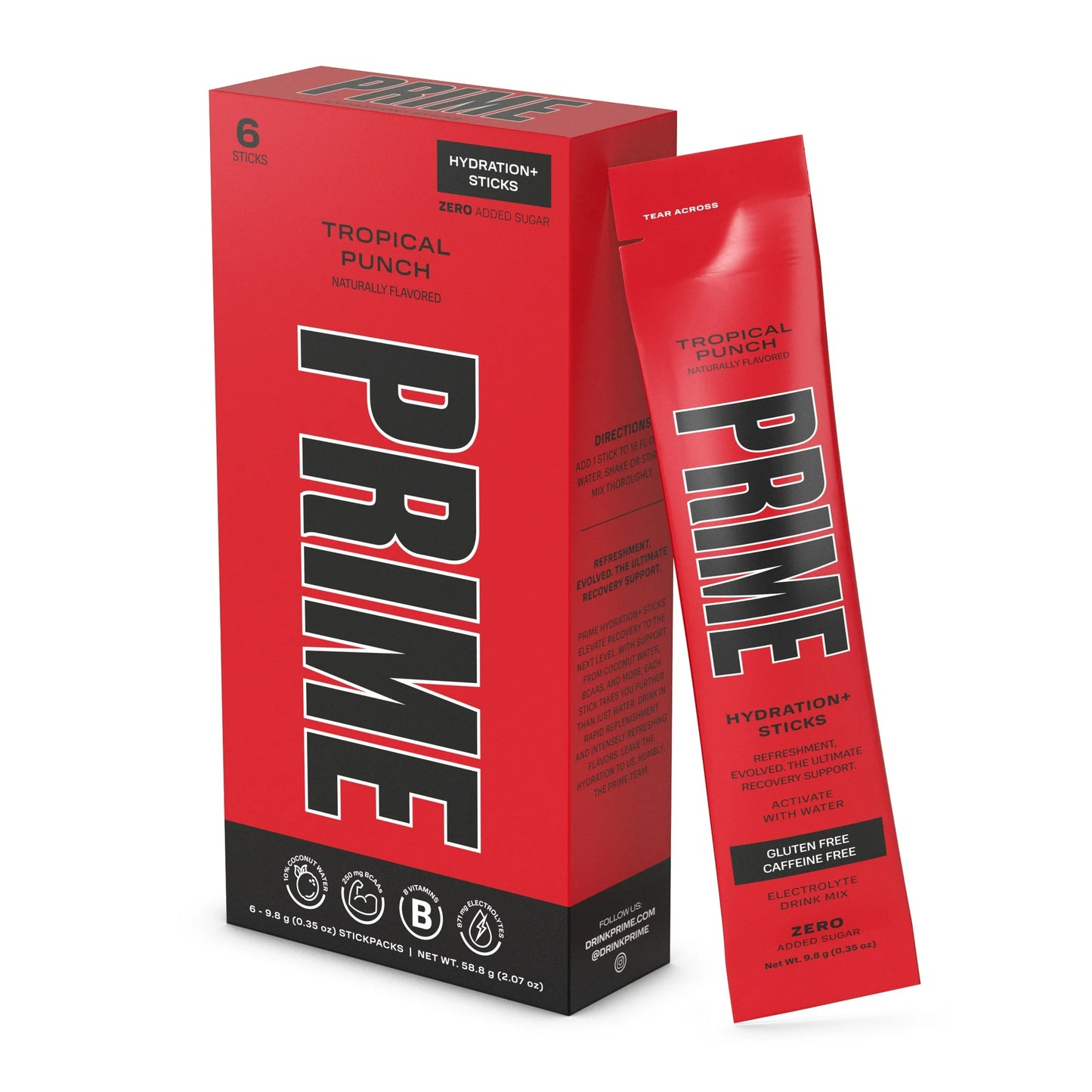 Prime Hydration Sticks, Ponche Tropical, 6 Unidades, Electrolitos, sin Azúcar