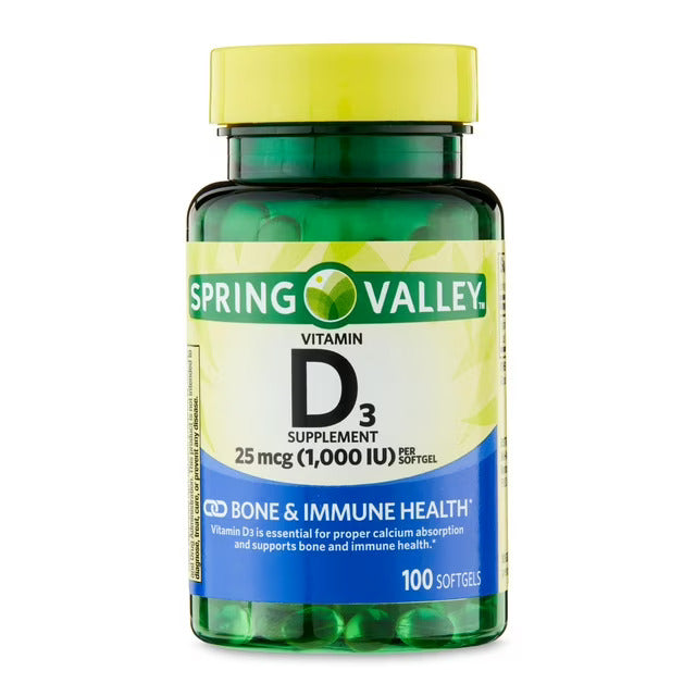 Spring Valley Suplemento Dietético de Vitamina D3 para la Salud Ósea E Inmunológica, 25 Mcg, 100 Cápsulas Blandas