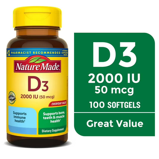 Nature Made Vitamina D3 2000 Ui (50 mcg) Cápsulas Blandas, Suplemento Dietético para el Apoyo de la Salud Ósea E Inmunológica, 100 Unidades
