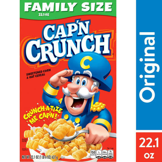 Cap'n Crunch Cereal de Maíz y Avena Endulzado, Caja de 22.1 oz