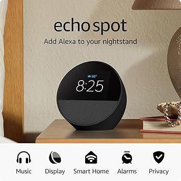 Amazon Echo Spot (modelo más reciente): ideal para mesitas de noche, oficinas y cocinas, incluye despertador inteligente con Alexa (negro)