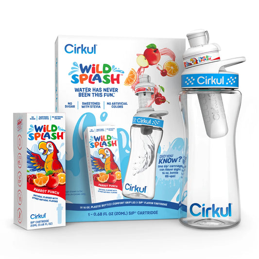 Cirkul Kit de Inicio de Botella de Agua de Plástico de 16 Oz con Tapa Azul, 1 Cartucho de Sabor