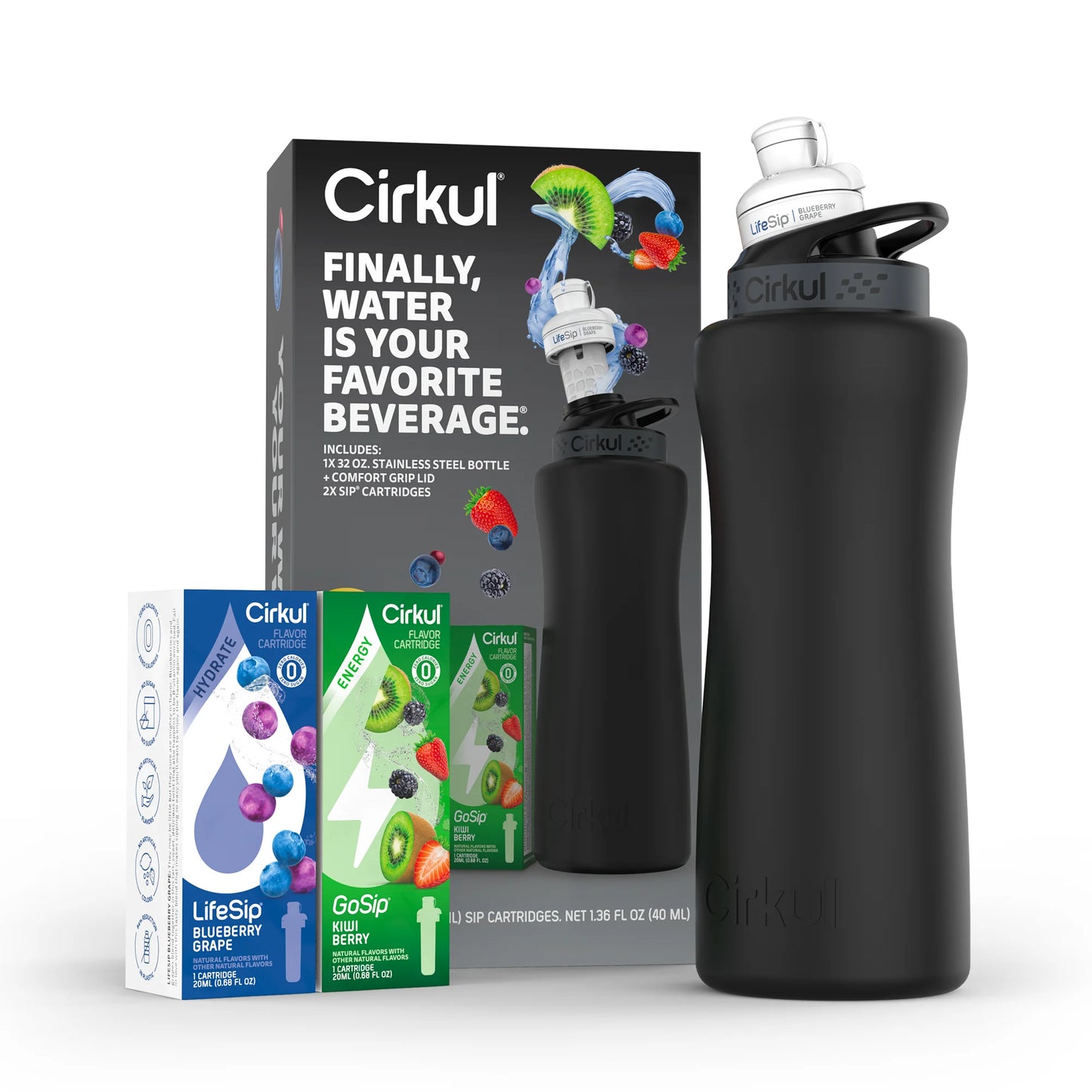 Cirkul Kit de Inicio de Acero Inoxidable Negro Mate de 32oz con Tapa Cirkul Negra Mate 2.0 y 2 Cartuchos de Sabor
