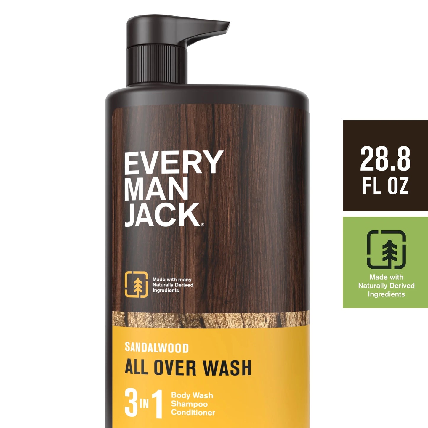Every Man Jack - Gel de Baño, Champú y Acondicionador Hidratante 3 en 1 para Hombre, Sándalo, 28,8 oz