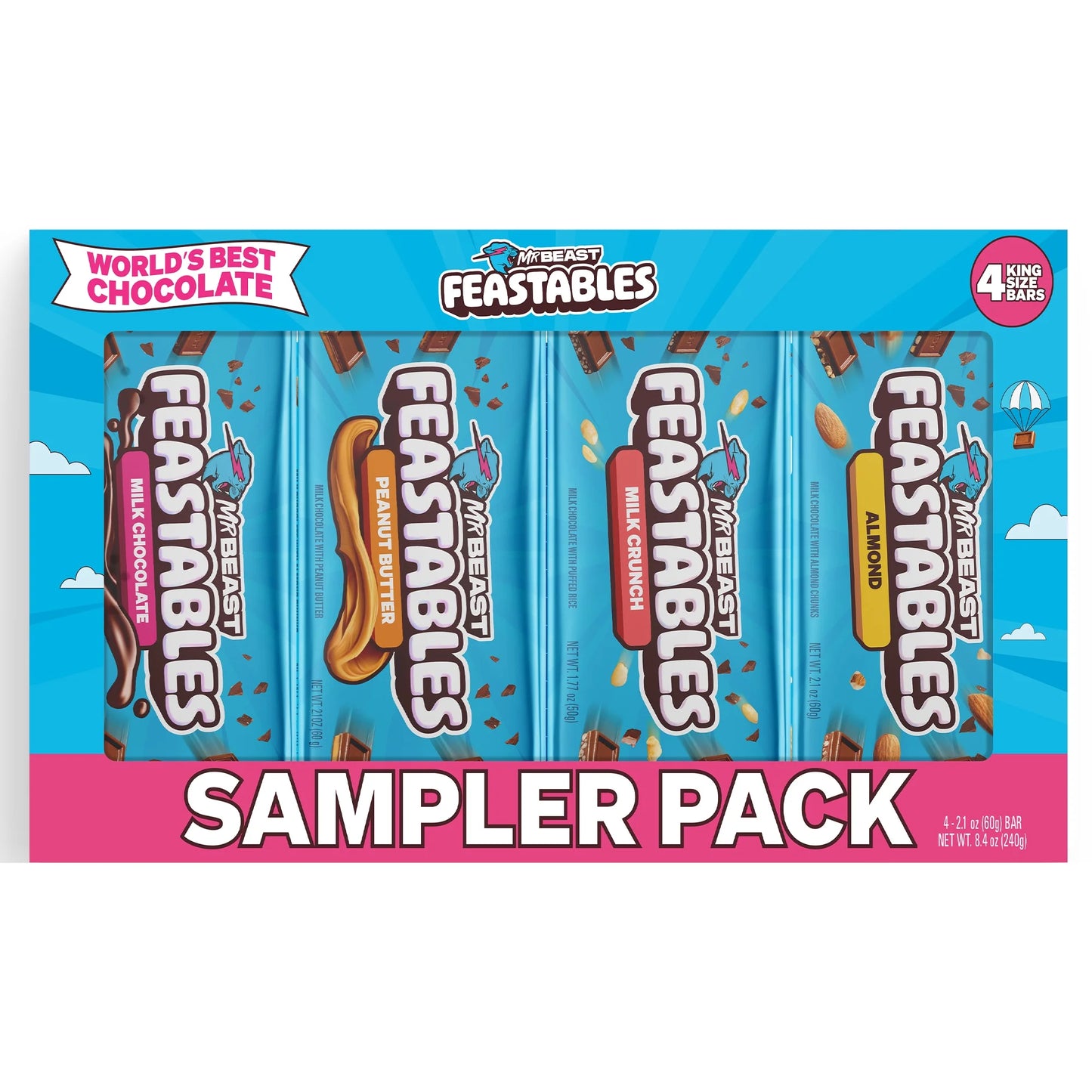Feastables MrBeast Paquete Variado chocolate con Leche 2.1 oz  de 4 unidades