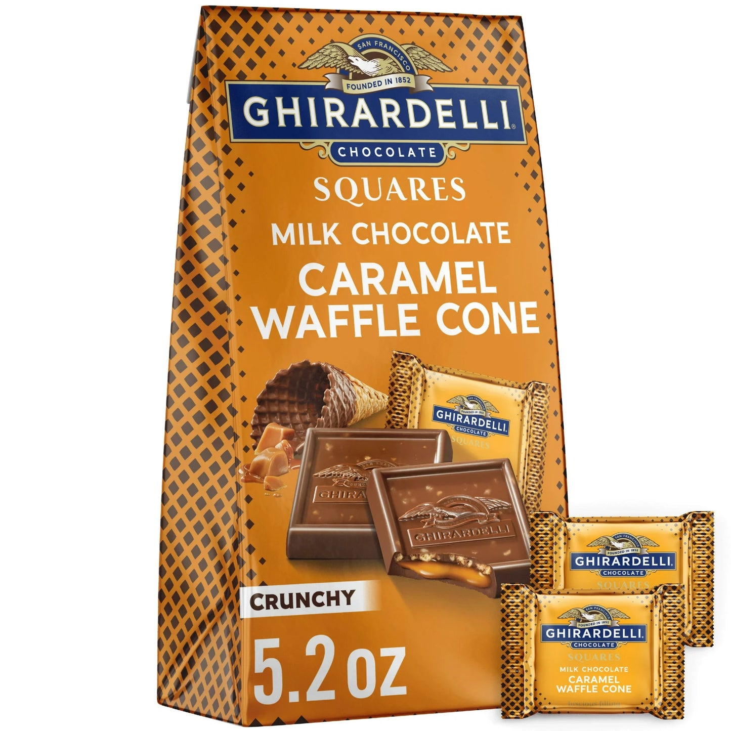 GHIRARDELLI Cuadrados de Chocolate con Leche con Relleno de Cono de Waffle de Caramelo, Bolsa de 5.2 oz
