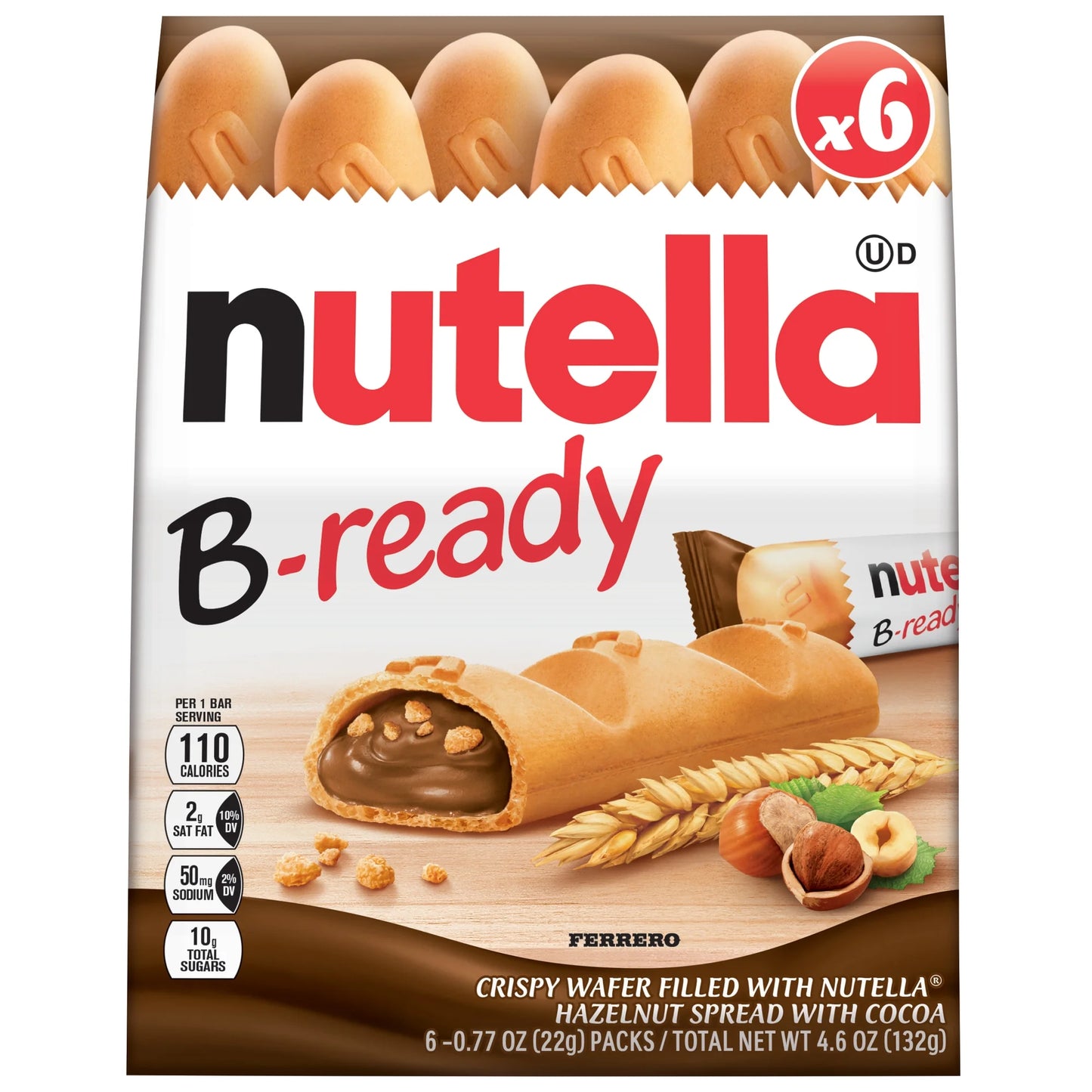 Nutella B-ready , Crema de Avellanas con Cacao, Paquete de Snack Bar, 6 Barras Envueltas Individualmente