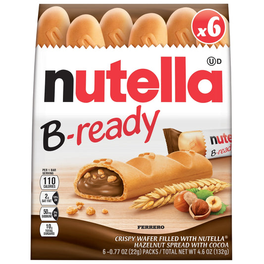 Nutella B-ready , Crema de Avellanas con Cacao, Paquete de Snack Bar, 6 Barras Envueltas Individualmente