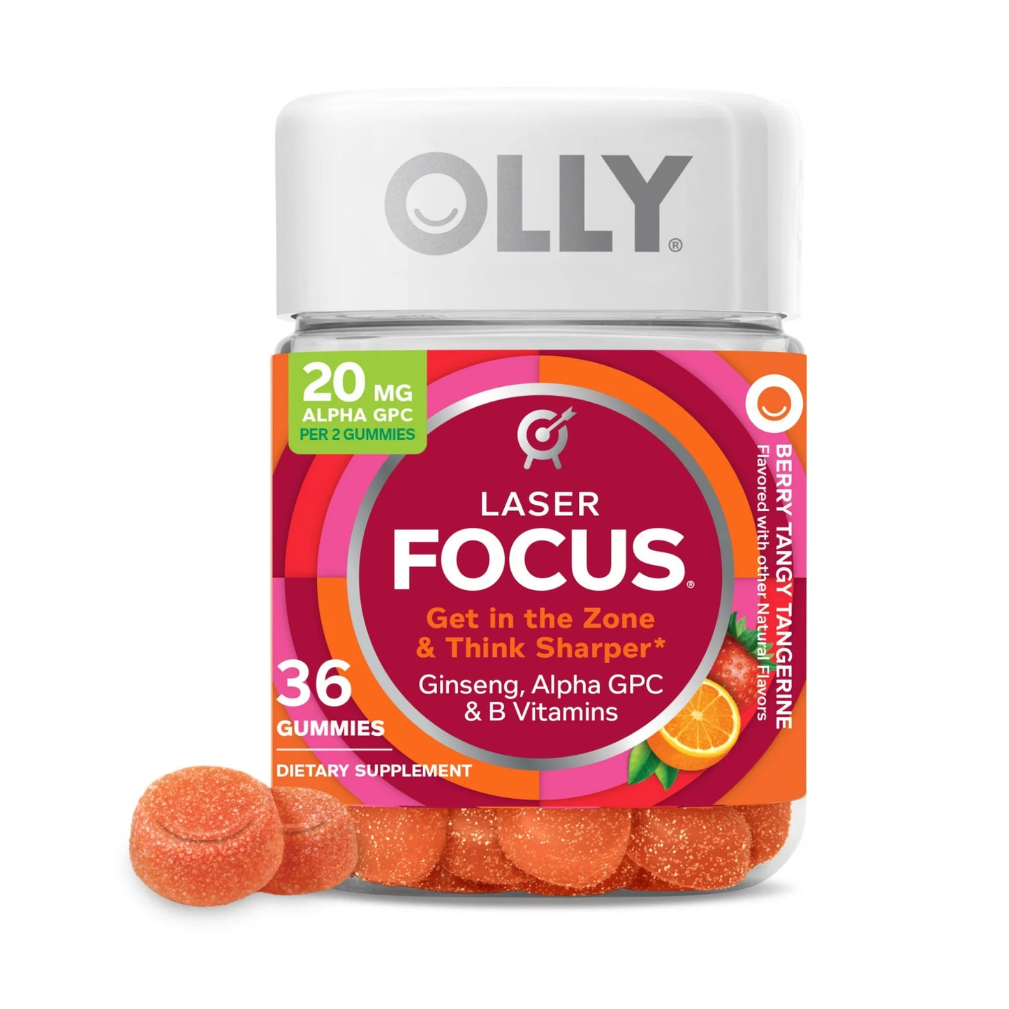 OLLY Laser Focus Gummy Ginseng, Alfa GPC, Vitamina B, Suplemento Cognitivo, Mandarina Baya, 36 Uds