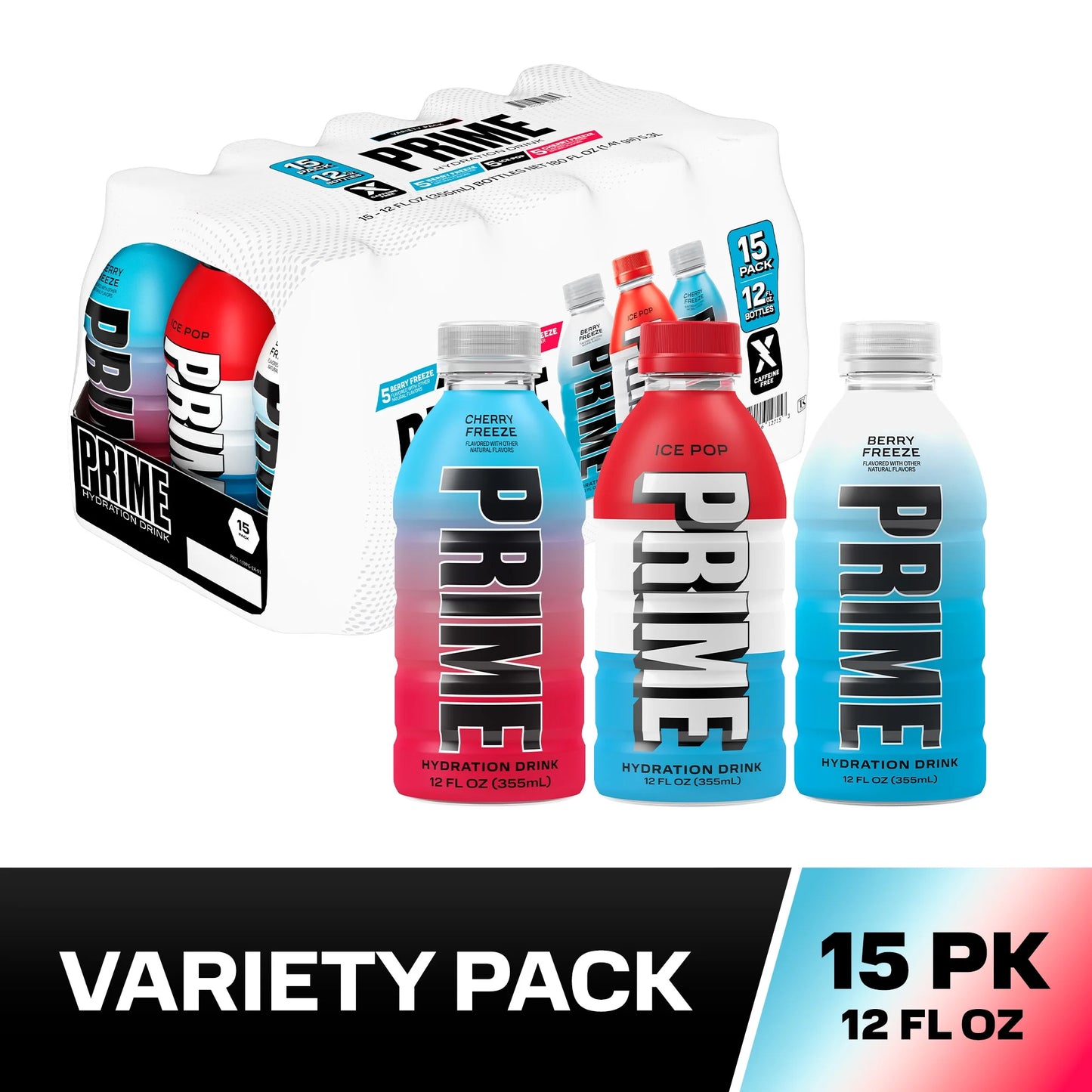 Prime Hydration Sports Drink, Ice Pop, Cherry Freeze, Berry Freeze, 12 fl oz, 15 Pack