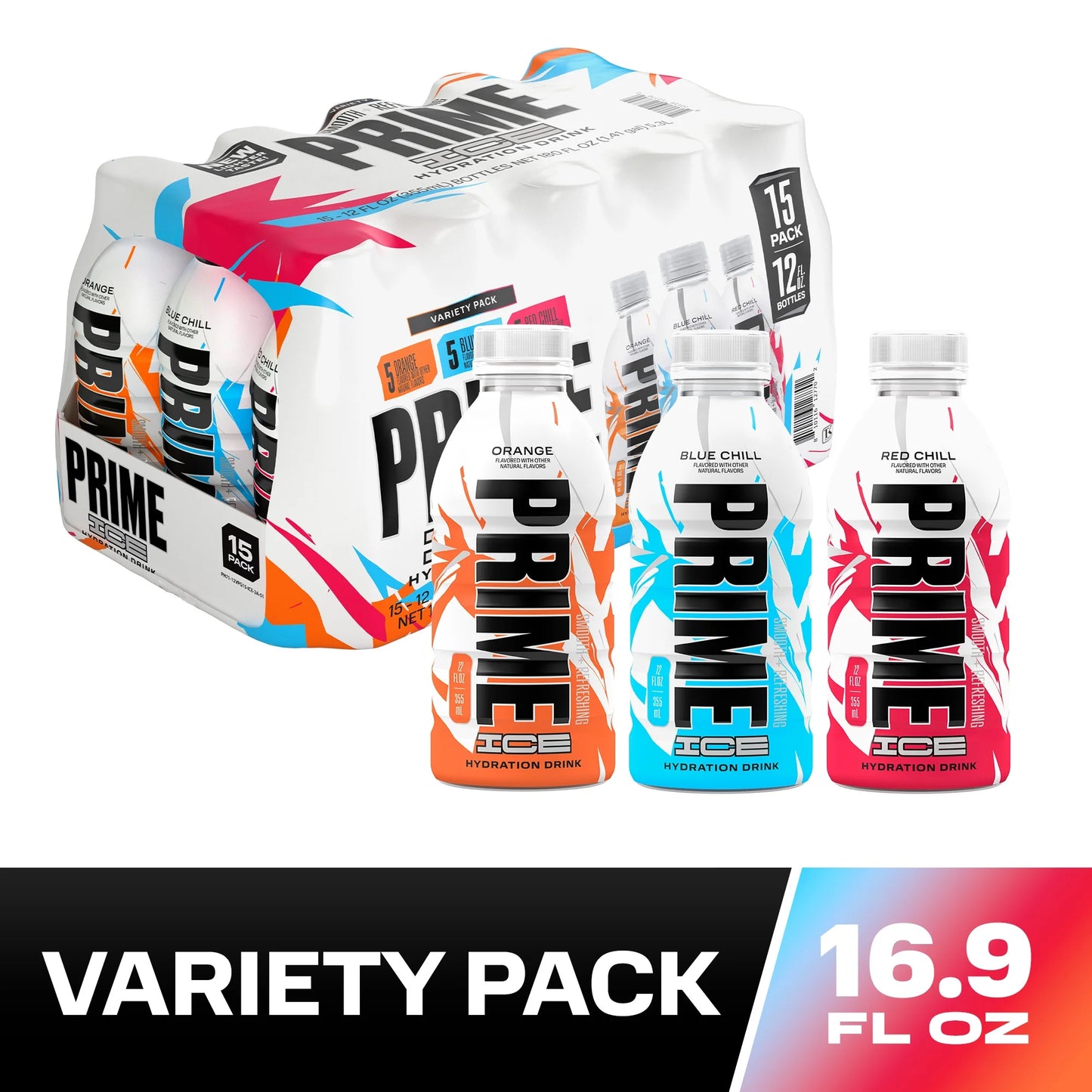 Prime Hydration Ice Variety Pack 12oz 15pk; Blue (5), Red (5), Orange (5)