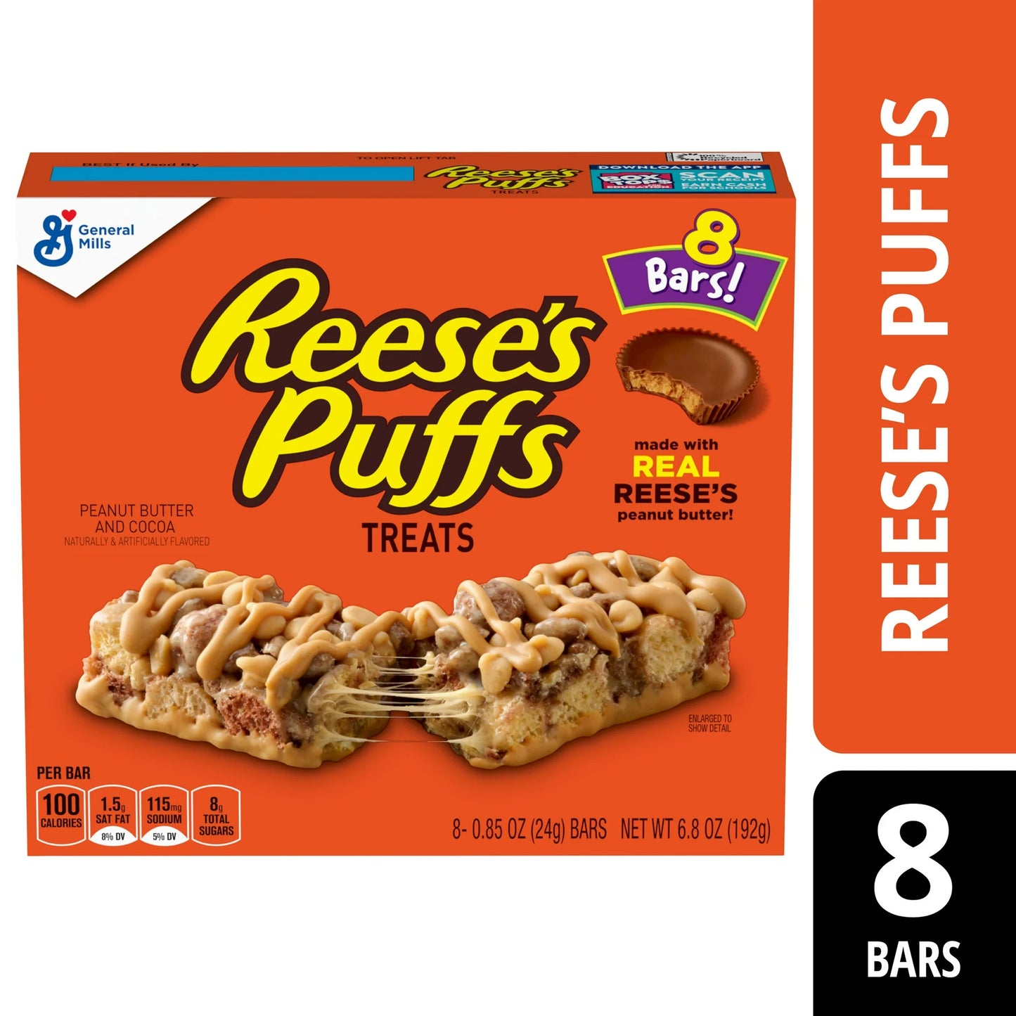 Reese's Puffs Barras de Cereal para el Desayuno, Mantequilla de Maní y Cacao, 8 Unidades