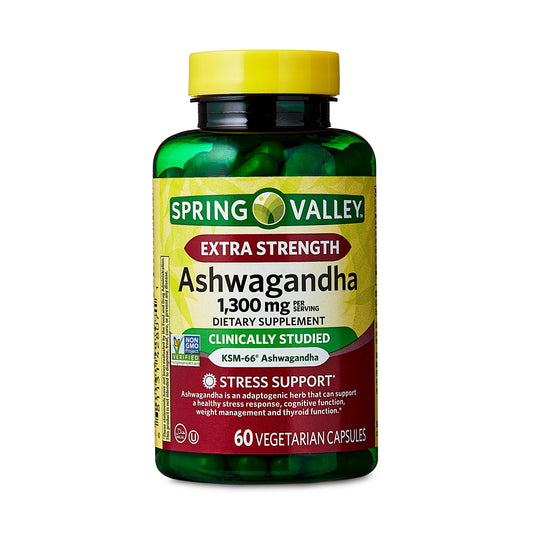 Spring Valley Suplemento Dietético de Ashwagandha de Potencia Extra 1300 mg, 60 Cápsulas Vegetarianas