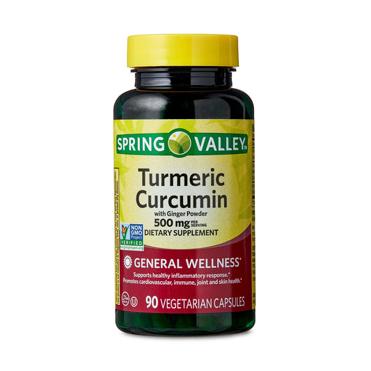 Spring Valley Cúrcuma con Polvo de Jengibre Suplemento Dietético de Bienestar General Cápsulas Vegetarianas, 500 mg, 90 Unidades