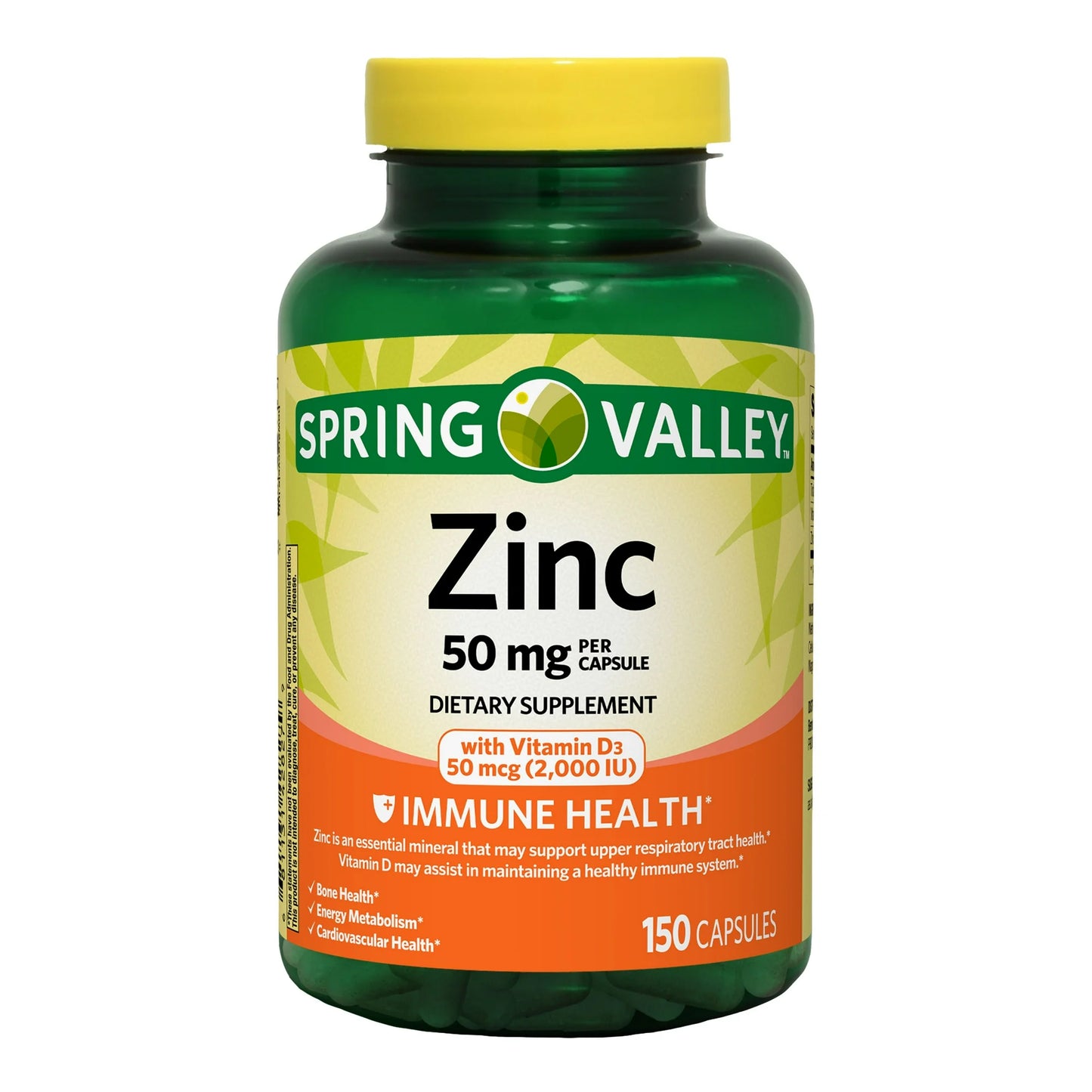 Spring Valley Zinc con Vitamina D Cápsulas para la Salud Inmunológica Suplemento Dietético, 50 mg, 150 Unidades