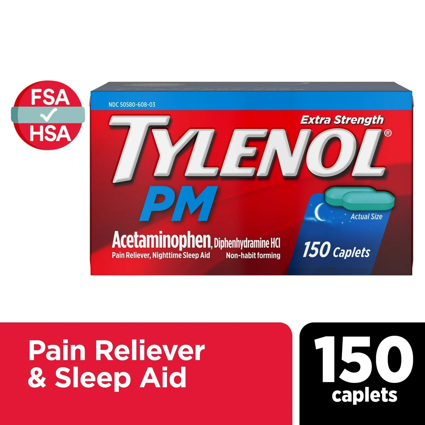 Tylenol PM Cápsulas para Aliviar el Dolor y Ayudar a Dormir Extrafuertes, 150 Unidades