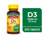 Nature Made Vitamin D3 1000 IU (25 Mcg) Tablets, Dietary Supplement, 210 Count